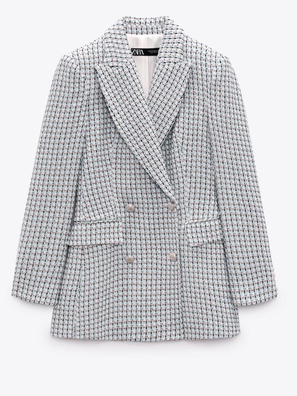 🩵 Zara Double-Breasted Tweed Blazer in Pale Blue and White